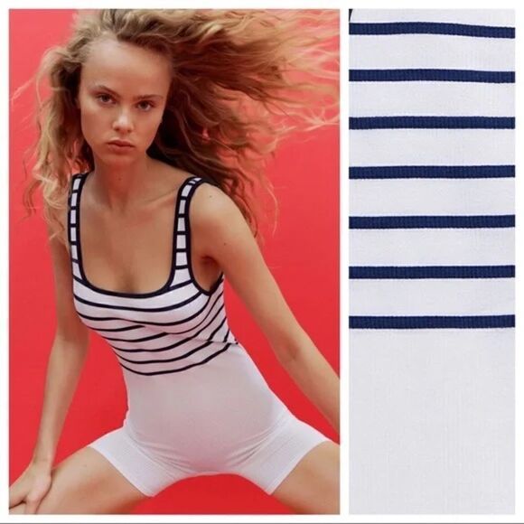 Zara Limitless Contour Strappy Seamless Unitard white with Blue Stripe - Picture 1 of 15